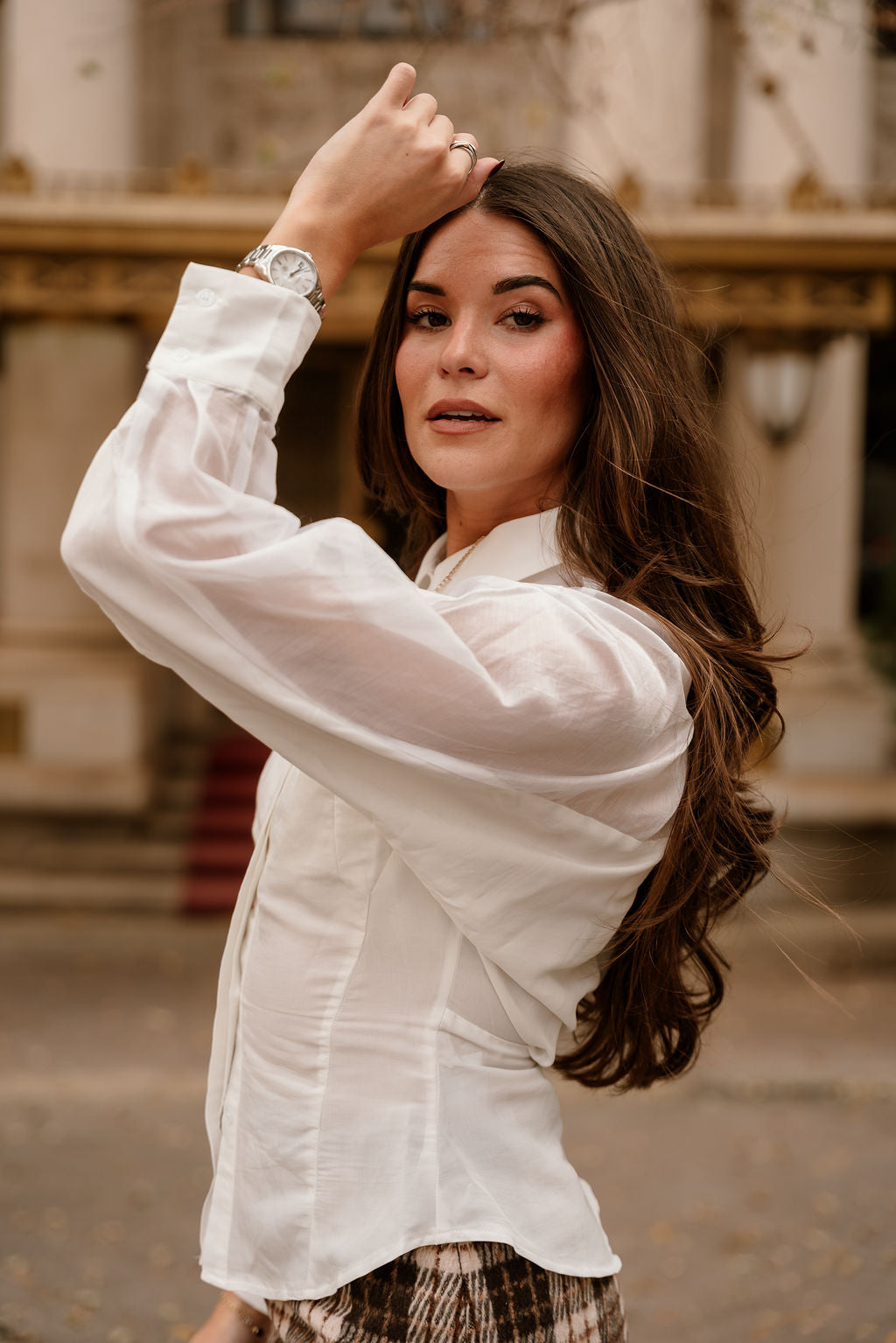 Elani White Sheer Button-Up Top-close up side view