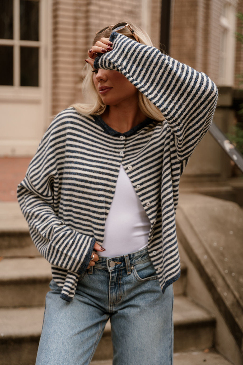 Solana Blue & Cream Stripe Knit Cardigan- front view