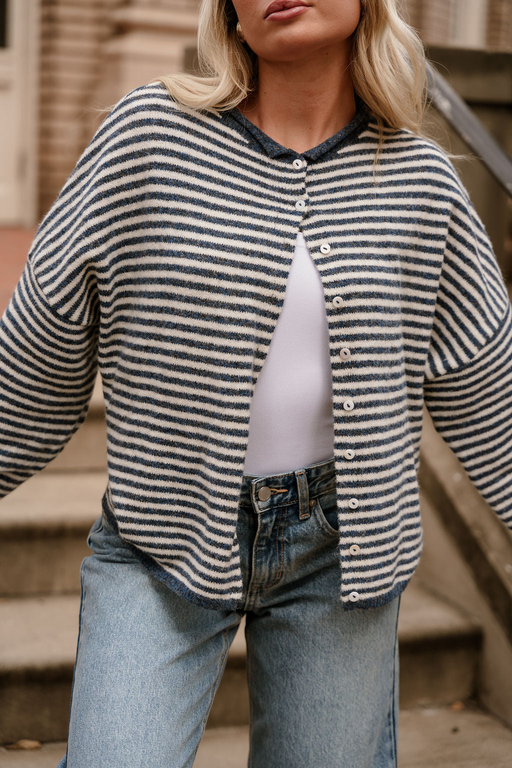 Solana Blue & Cream Stripe Knit Cardigan- close up top view