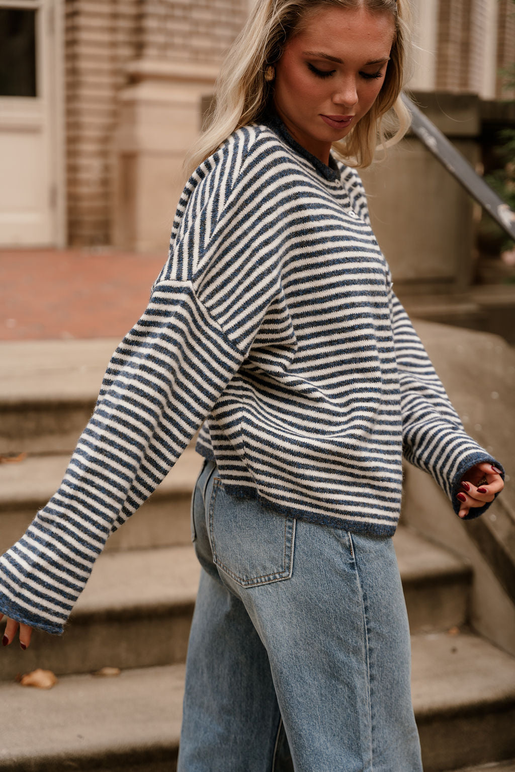 Solana Blue & Cream Stripe Knit Cardigan- side view