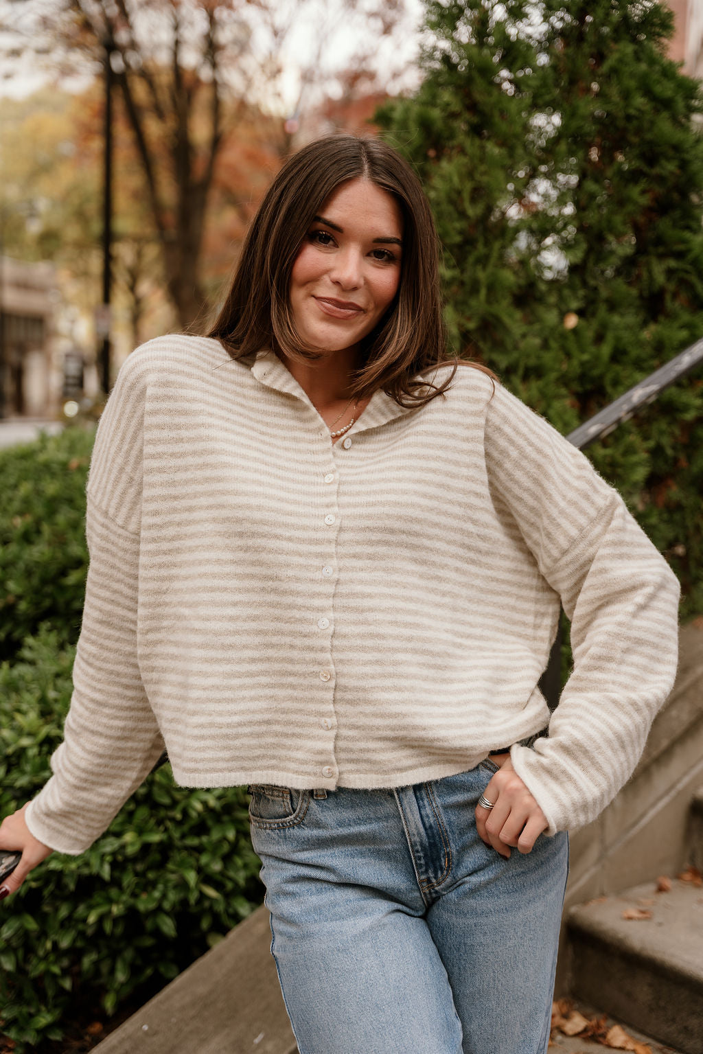 Solana Cream & Natural Stripe Knit Cardigan- front view