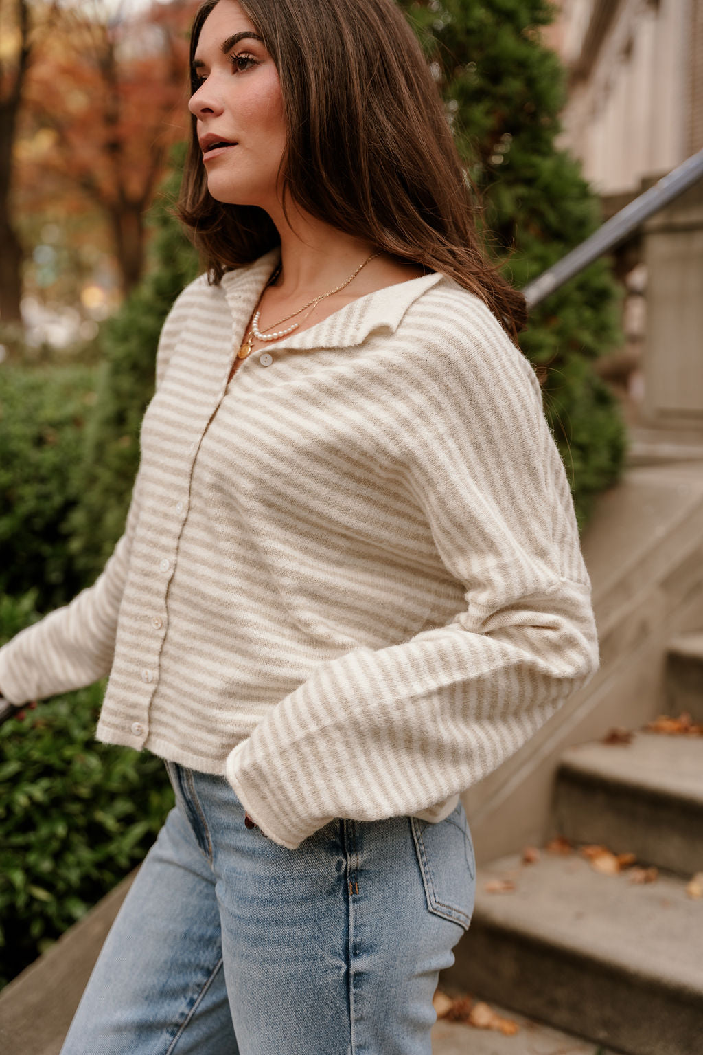 Solana Cream & Natural Stripe Knit Cardigan- frontal side view