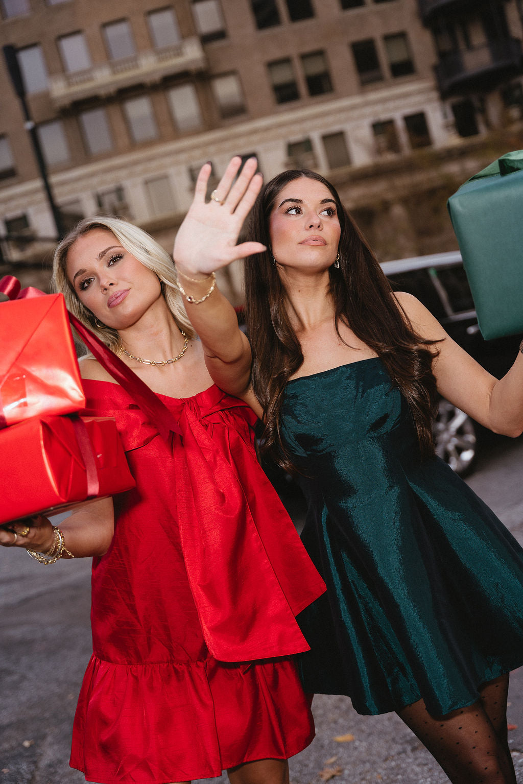 Alaia Hunter Green Sheen Flare Mini Dress- front view - two models