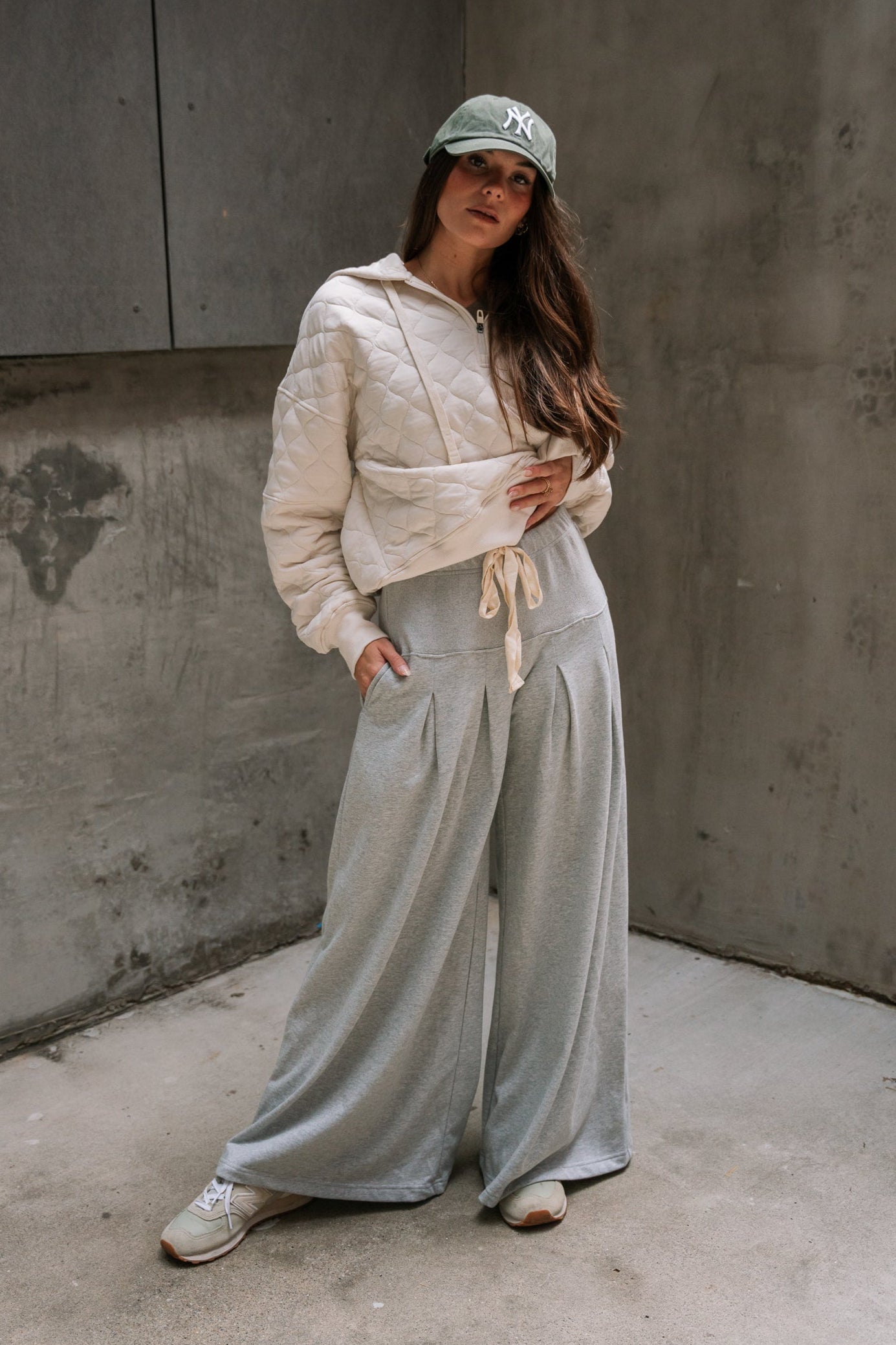 Demi Light Grey Wide Leg Pleated Pants- full body view