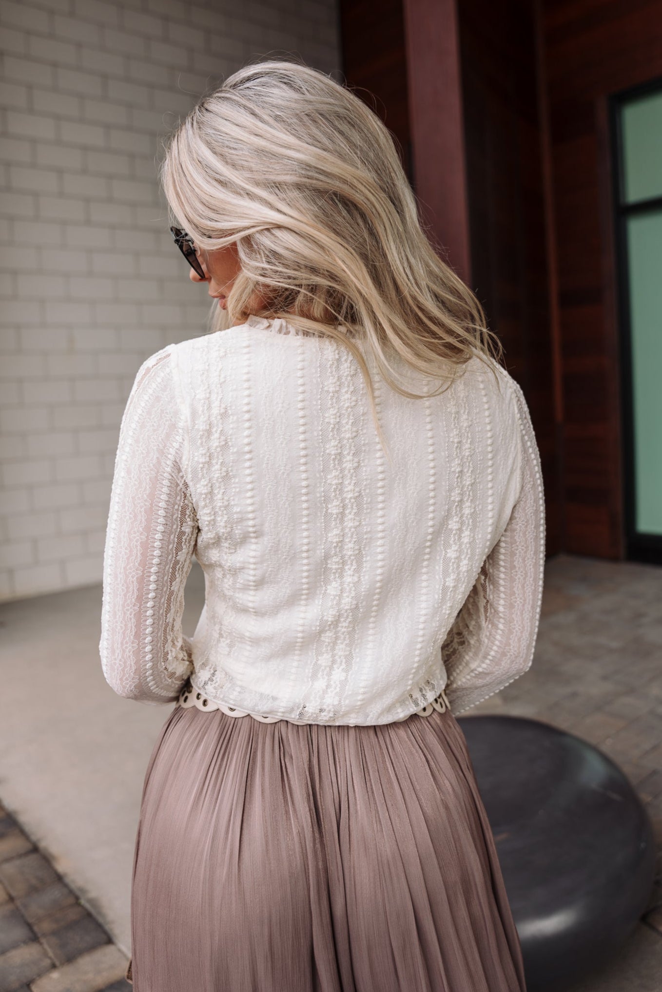 Raegan Cream Lace Sheer Front Tie Top- close up back view