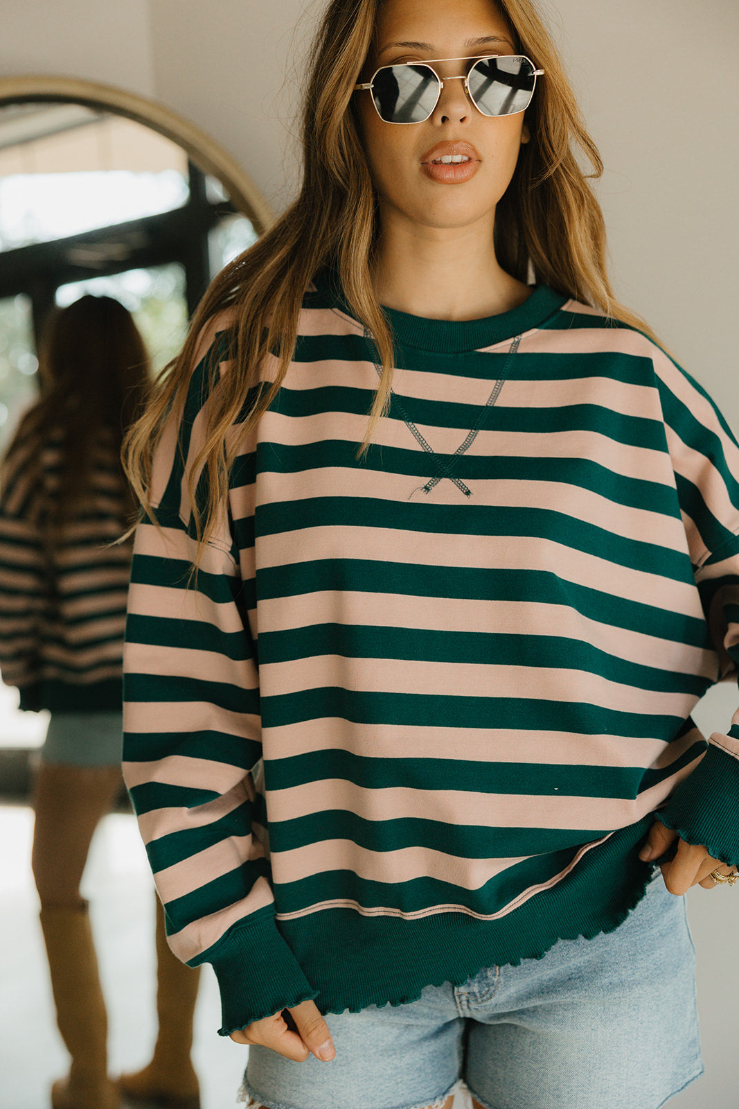 Phoebe Teal & Pink Striped Pullover - front view