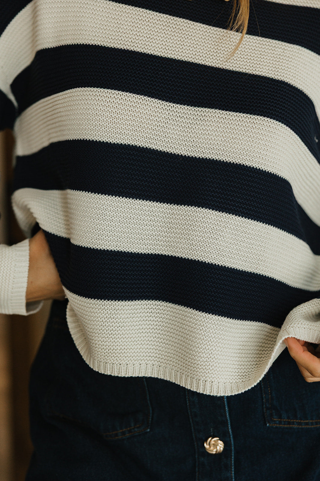 Kelcie Navy & Cream Striped Sweater - close up front view