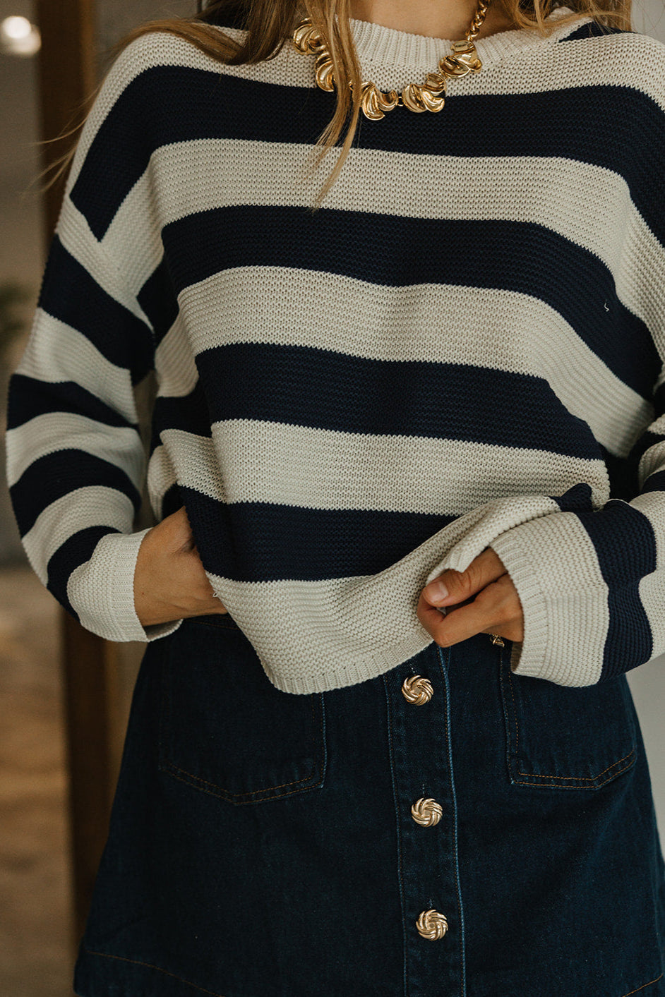 Kelcie Navy & Cream Striped Sweater - front view