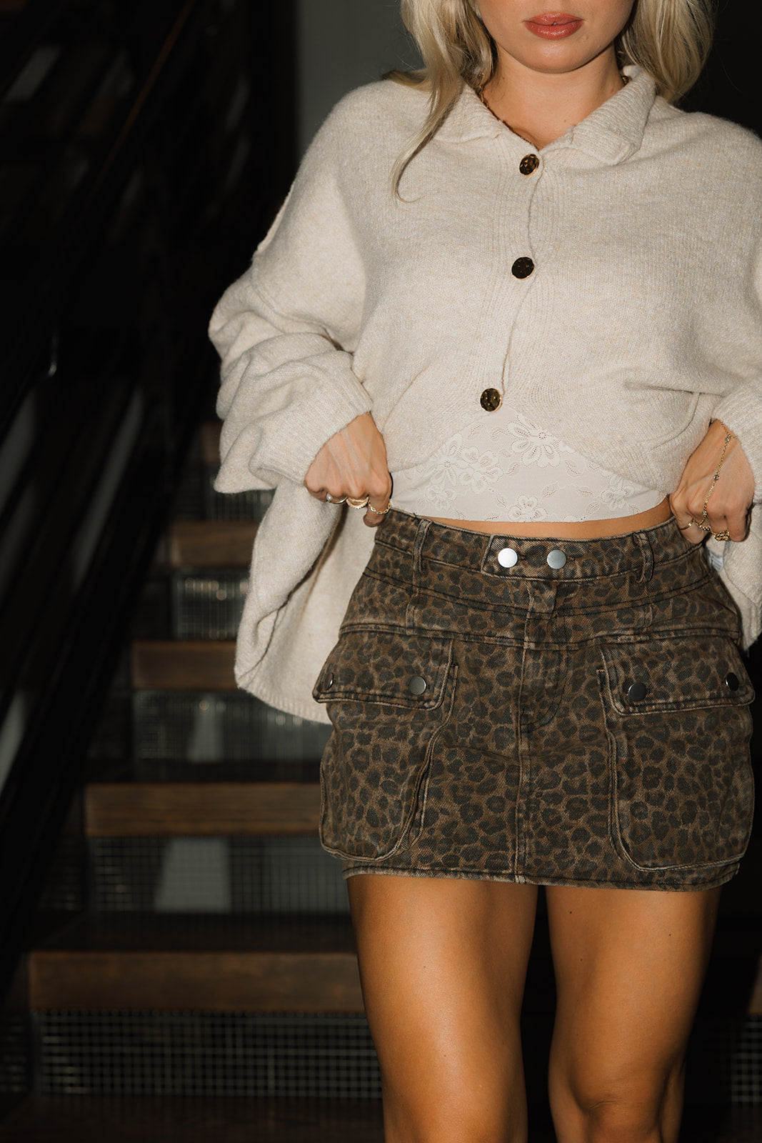 Sofie Leopard Denim Cargo Skirt - front view
