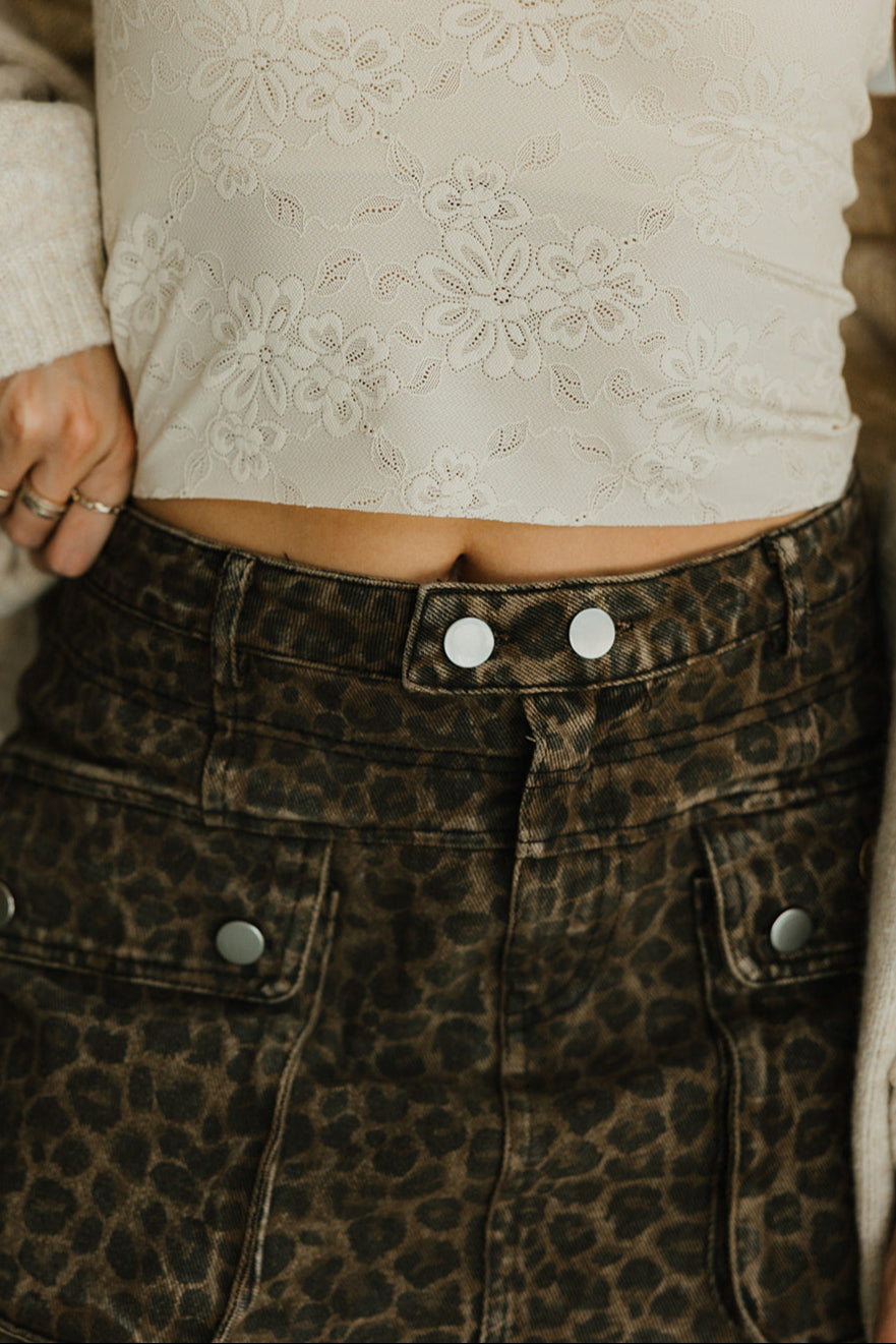 Sofie Leopard Denim Cargo Skirt - close up
