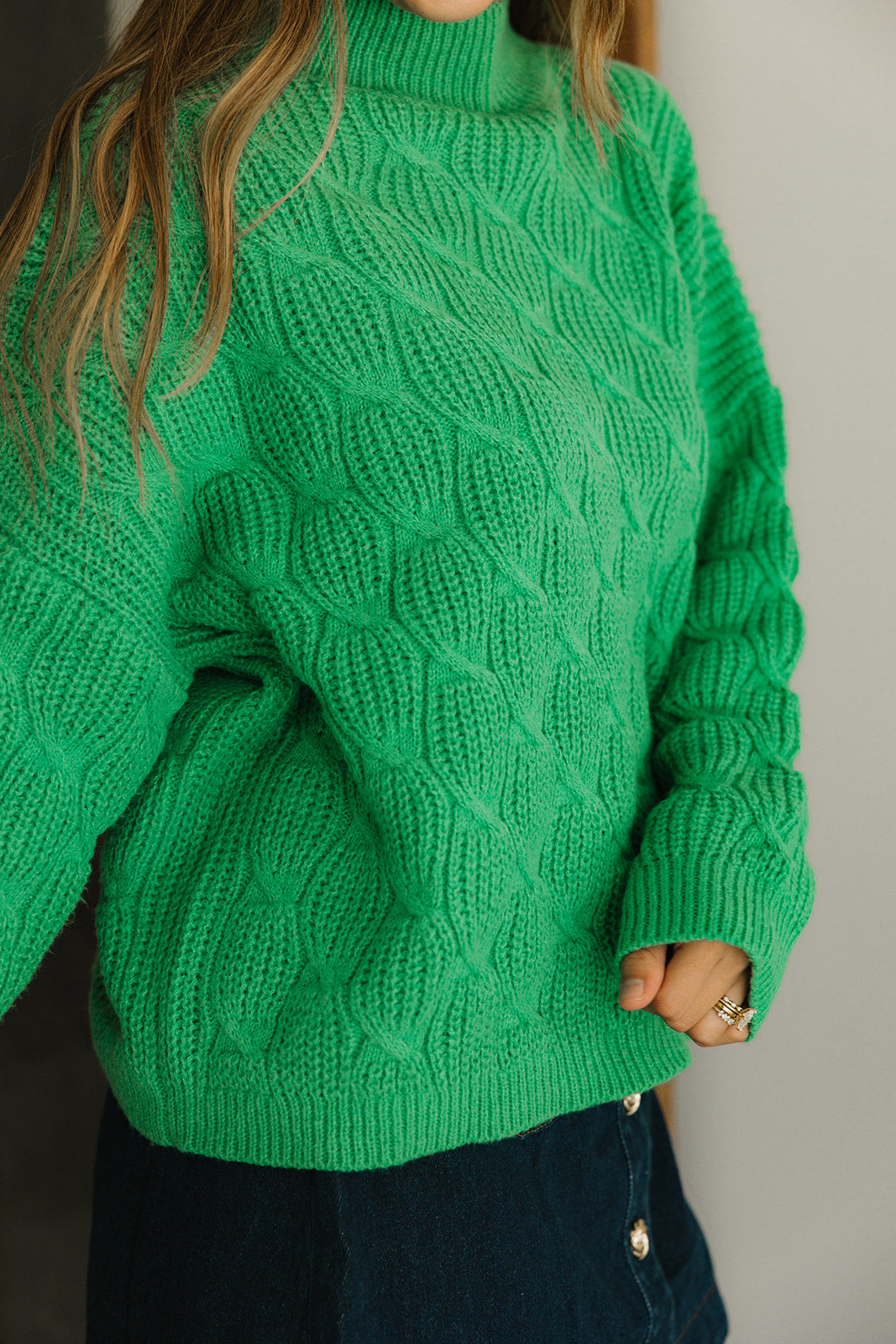 Natalia Green Cable Knit Sweater- close up frontal side view