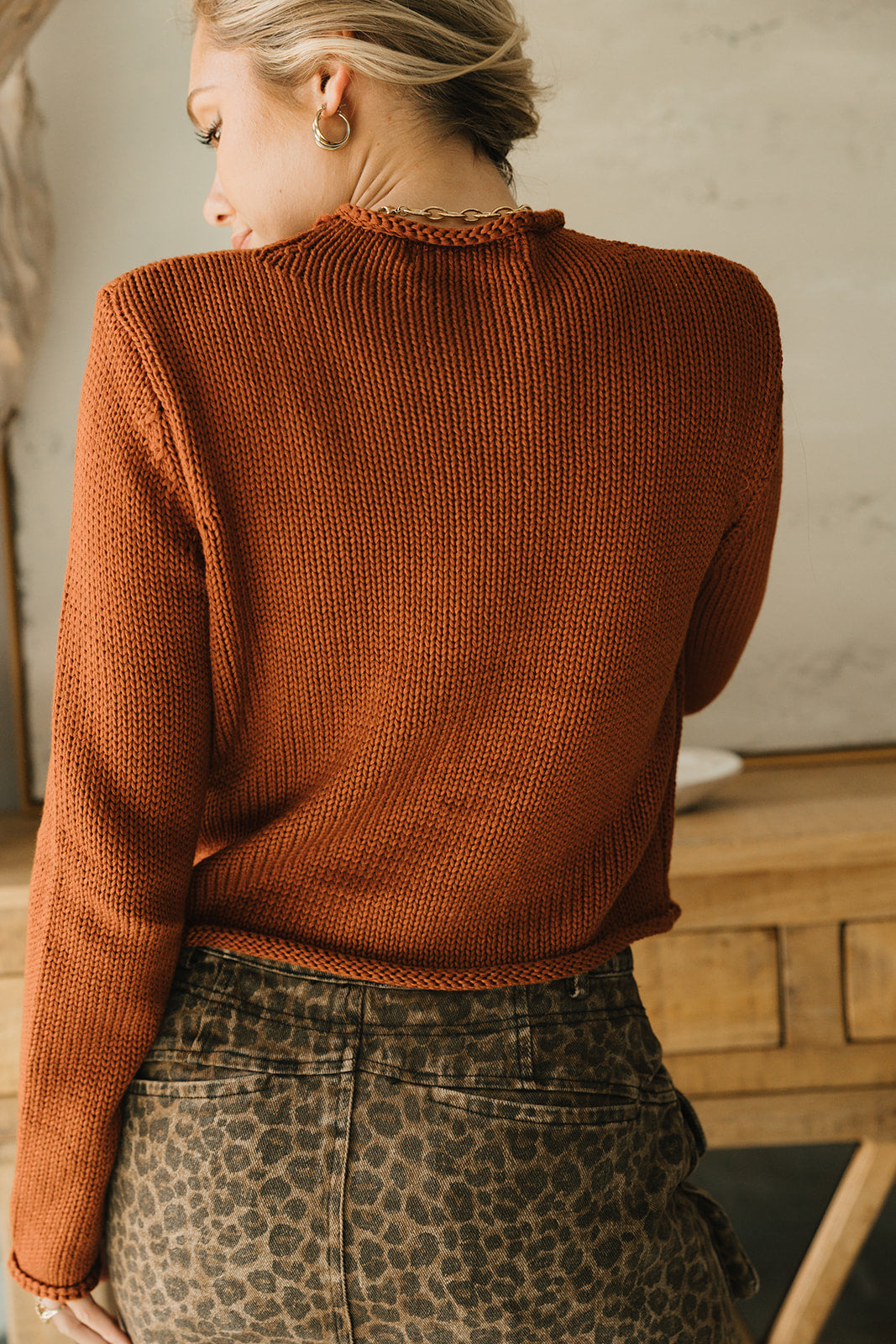 Eliza Rust Knit Long Sleeve Sweater- close up back view