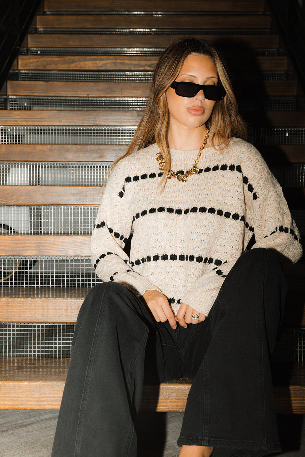 Raelyn Khaki & Black Knit Sweater- front top view