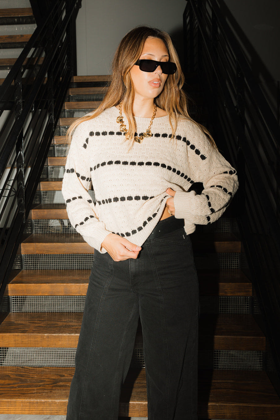 Raelyn Khaki & Black Knit Sweater- front top view