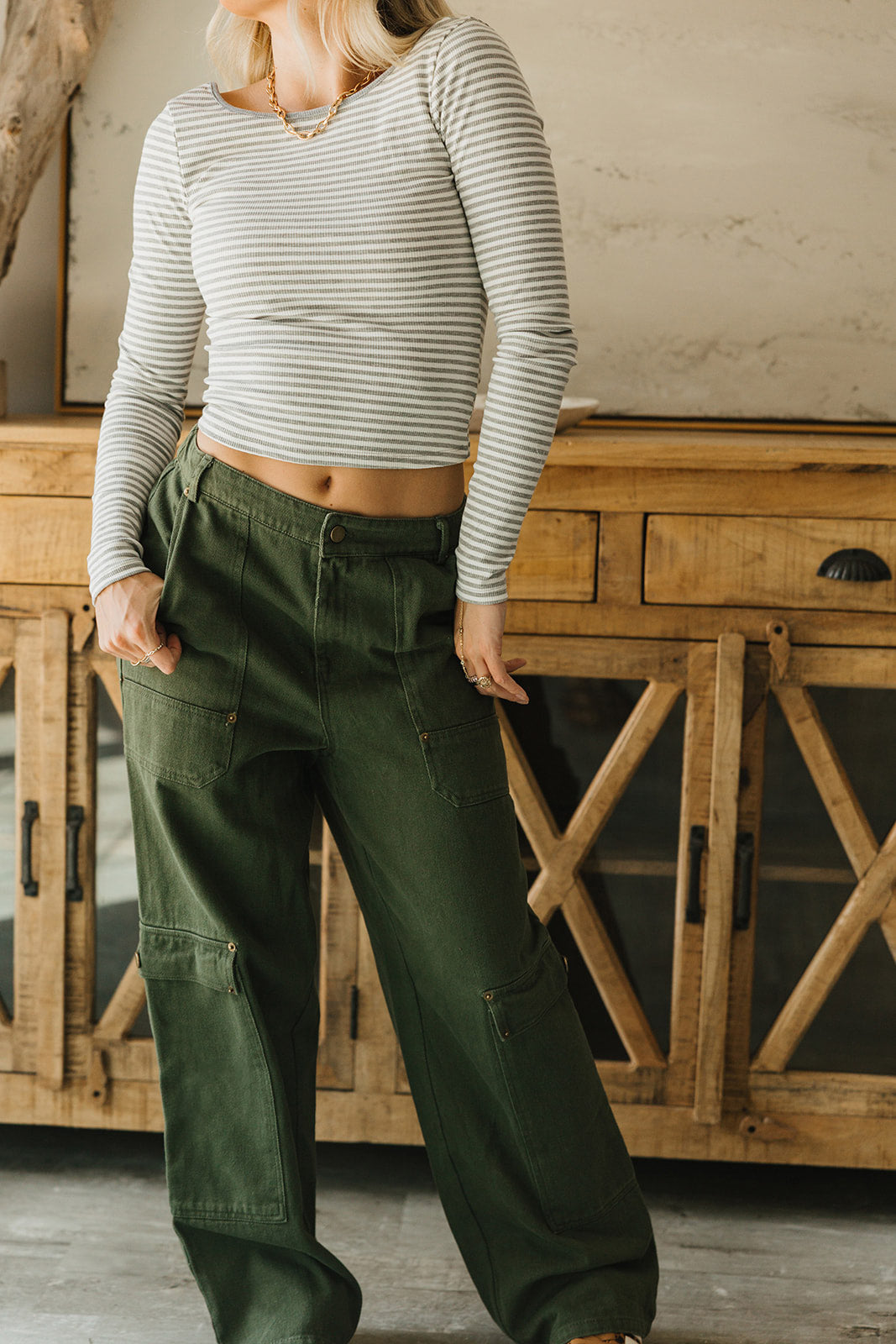 front view Calyra Olive Denim Cargo Pants