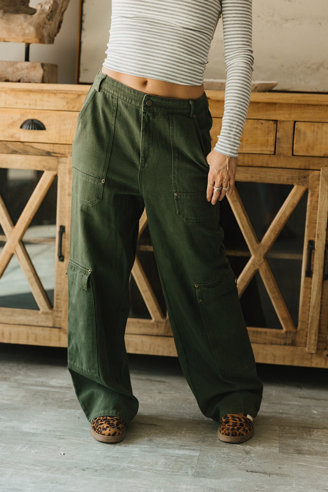front view Calyra Olive Denim Cargo Pants