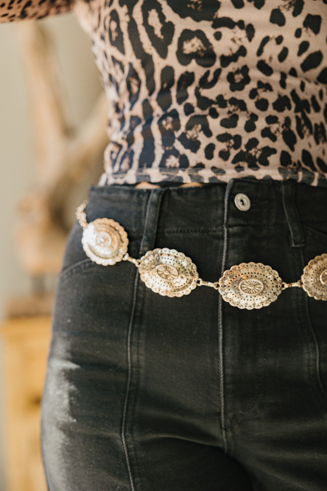Vivie Gold Medallion Chain Link Belt - close up front view