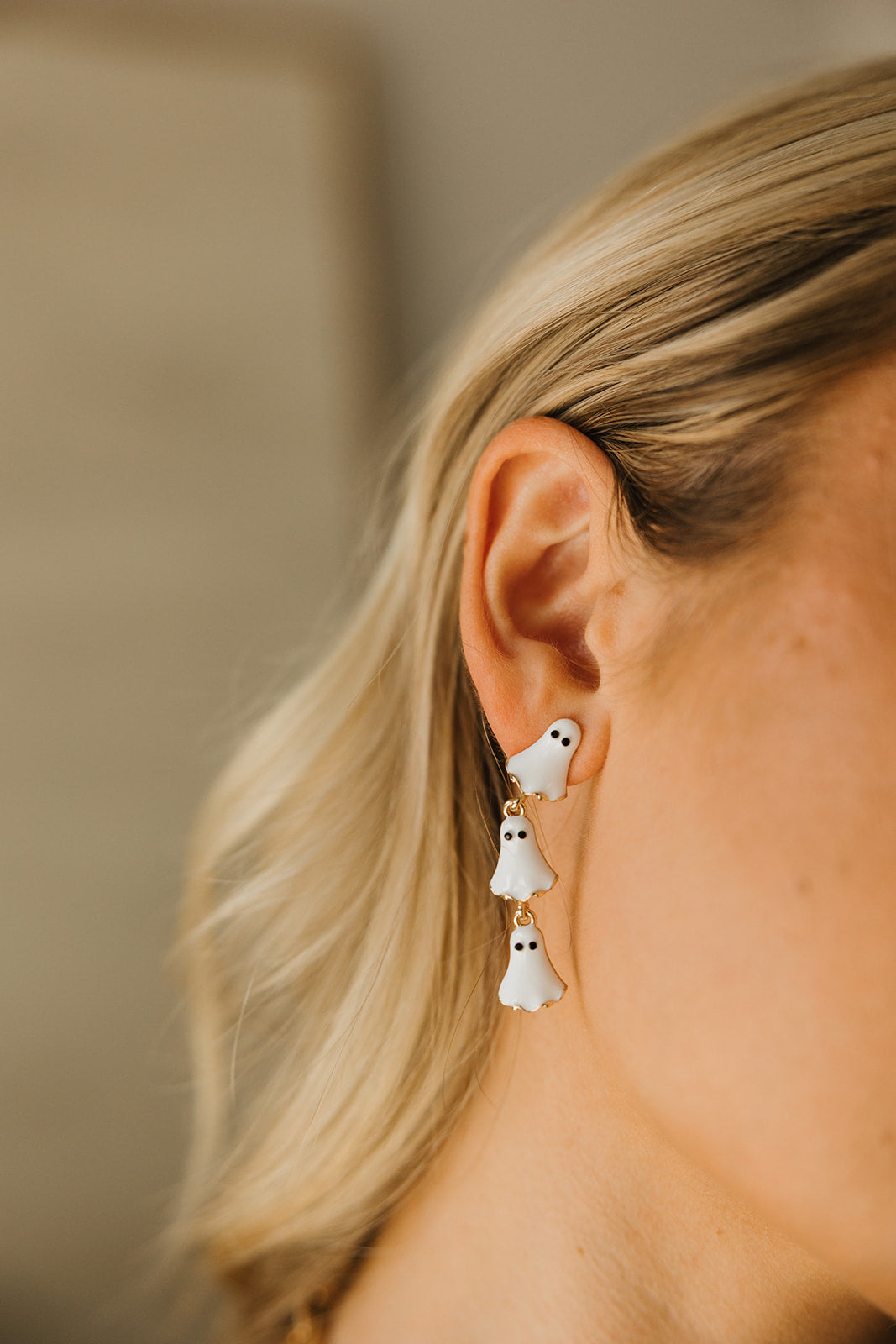 Ghost Charms Dangle Earrings- close up front view