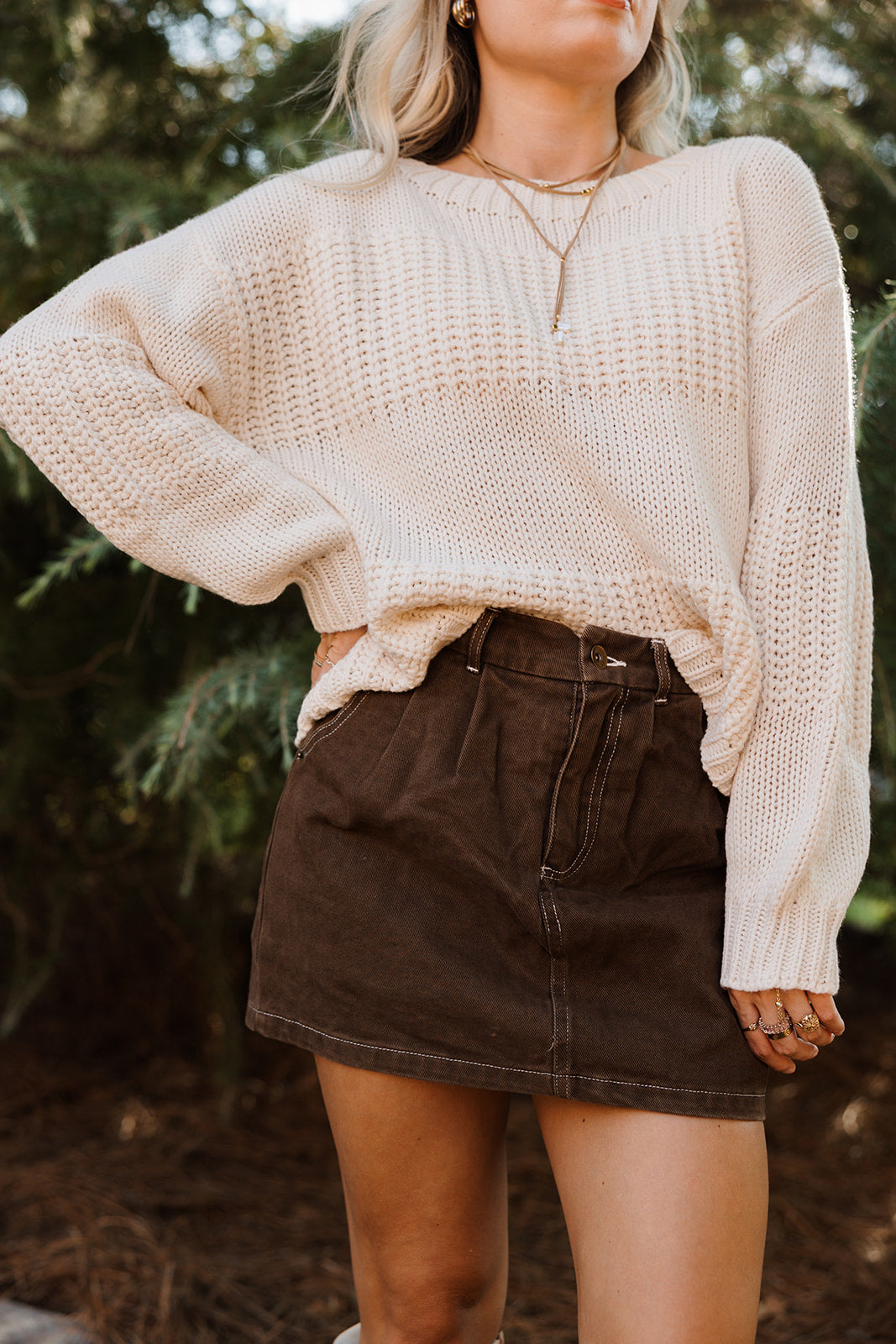 Gina Cream Monochrome Stripe Sweater - front view (tucked)