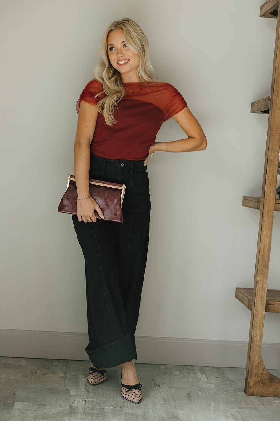 Naomi Burgundy Off-The-Shoulder Top- full body view