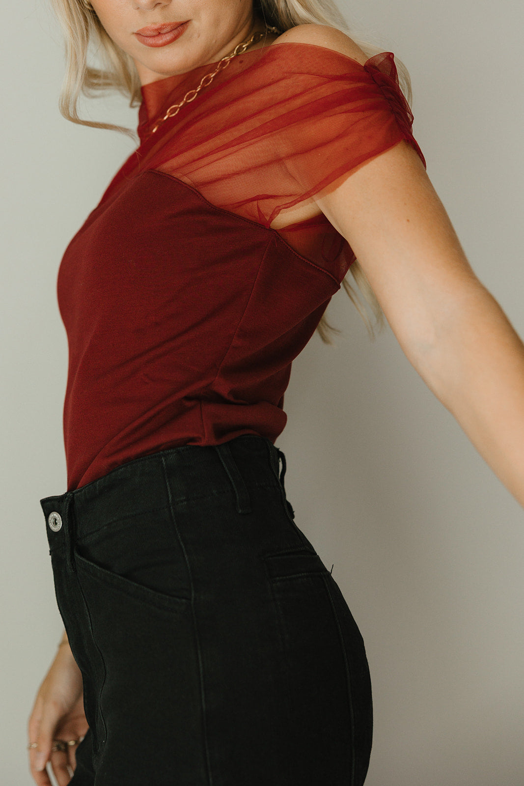 Naomi Burgundy Off-The-Shoulder Top- close up side view