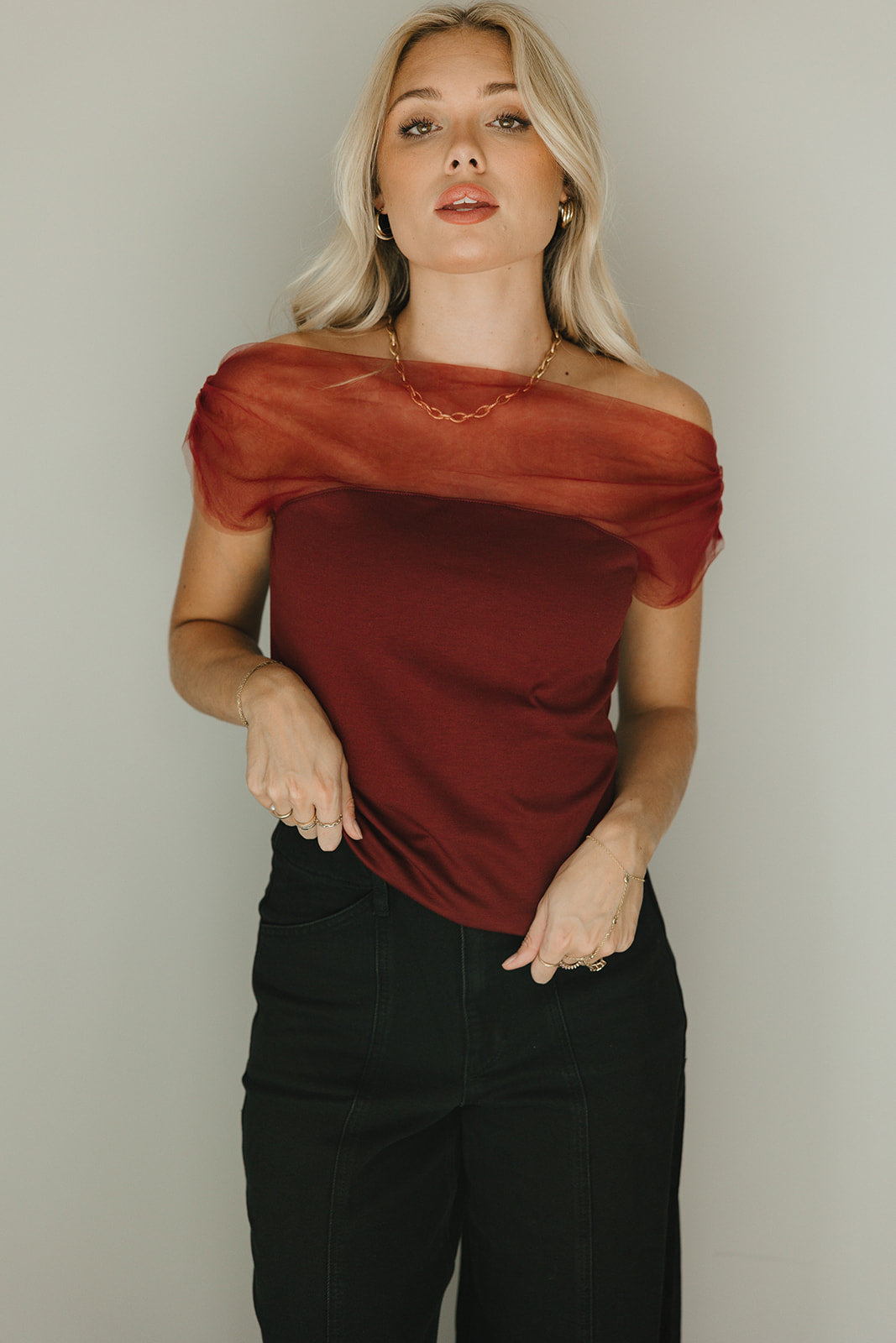 Naomi Burgundy Off-The-Shoulder Top- close up front view