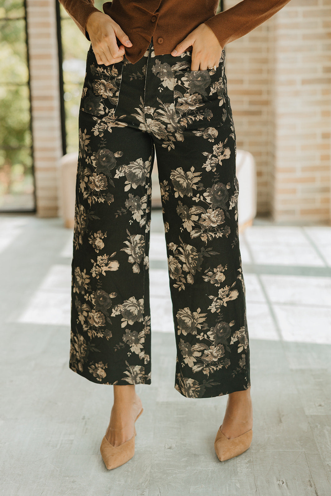 Willa Black Multi Floral Wide Leg Pants- close up front view