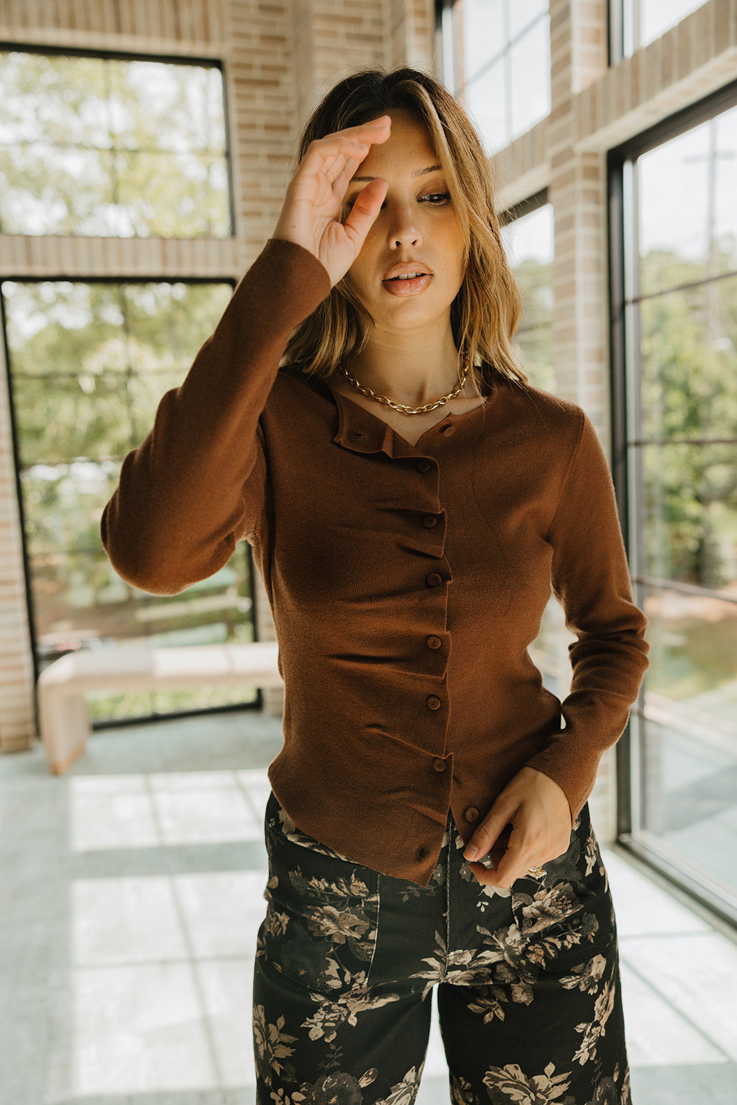 Diana Brown Ruffle Button-Up Cardigan- front top view