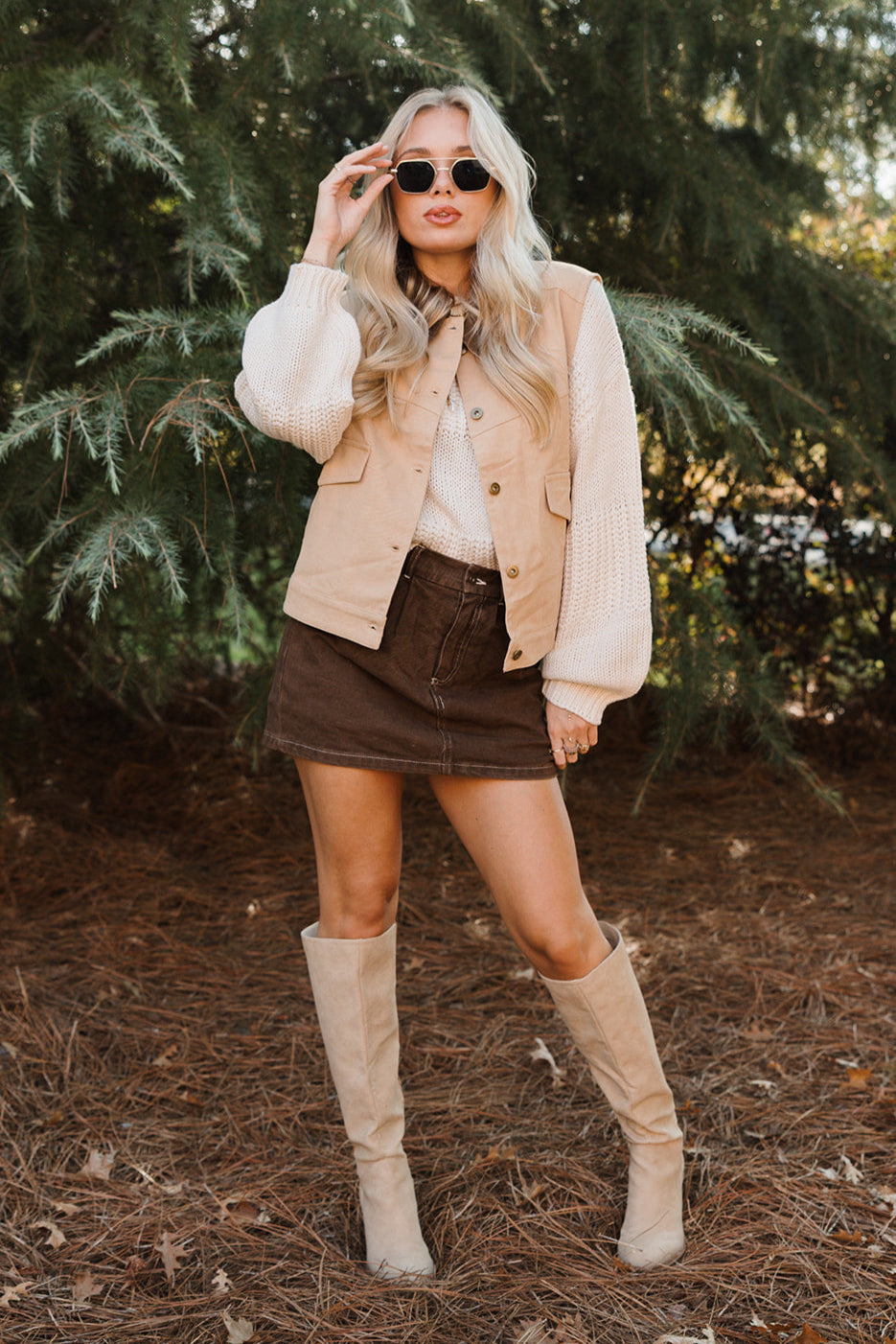 Evelyn Taupe Denim Barn Vest - full body front view