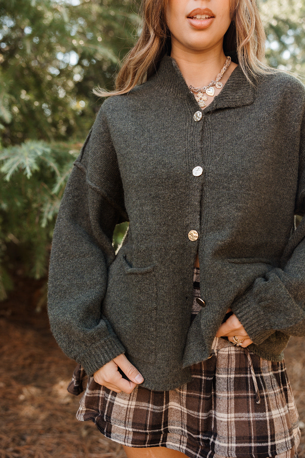 Tiffany Olive & Gold Button Cardigan - front view