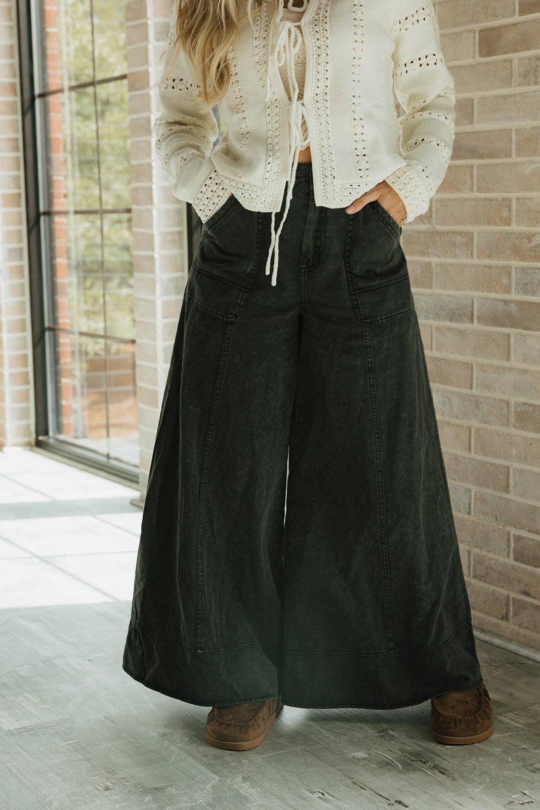 front view of Praelia Wide Leg Washed Charcoal Pants