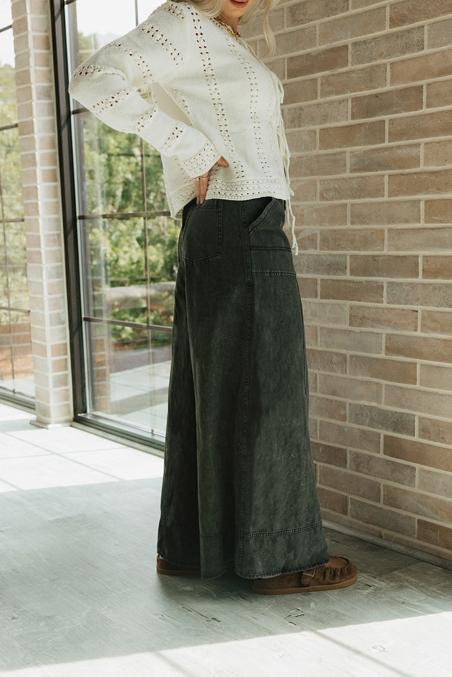 side view of Praelia Wide Leg Washed Charcoal Pants