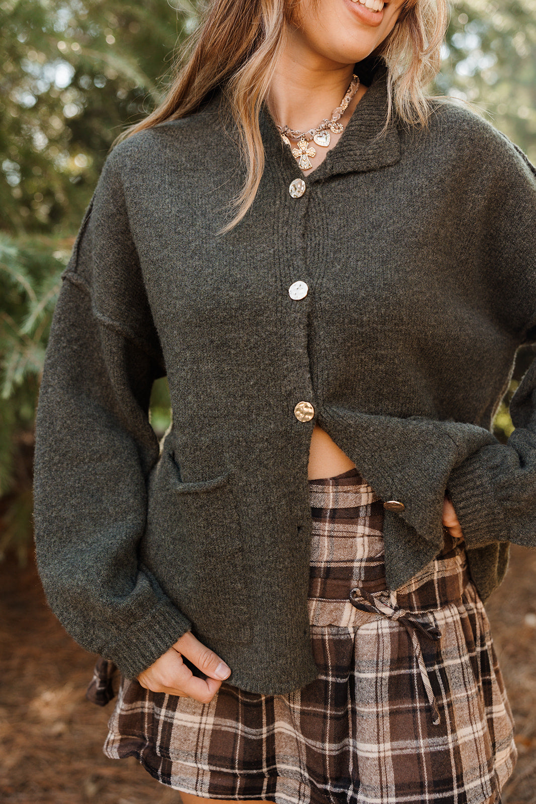 Tiffany Olive & Gold Button Cardigan - close up front view