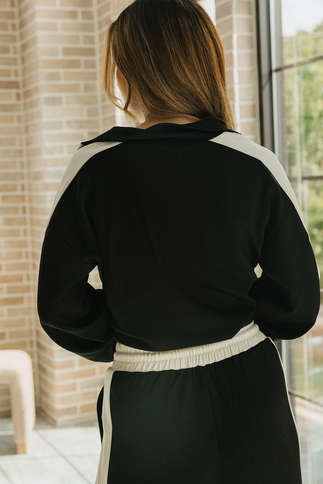 Parker Black & Cream Colorblock Top- close up back view