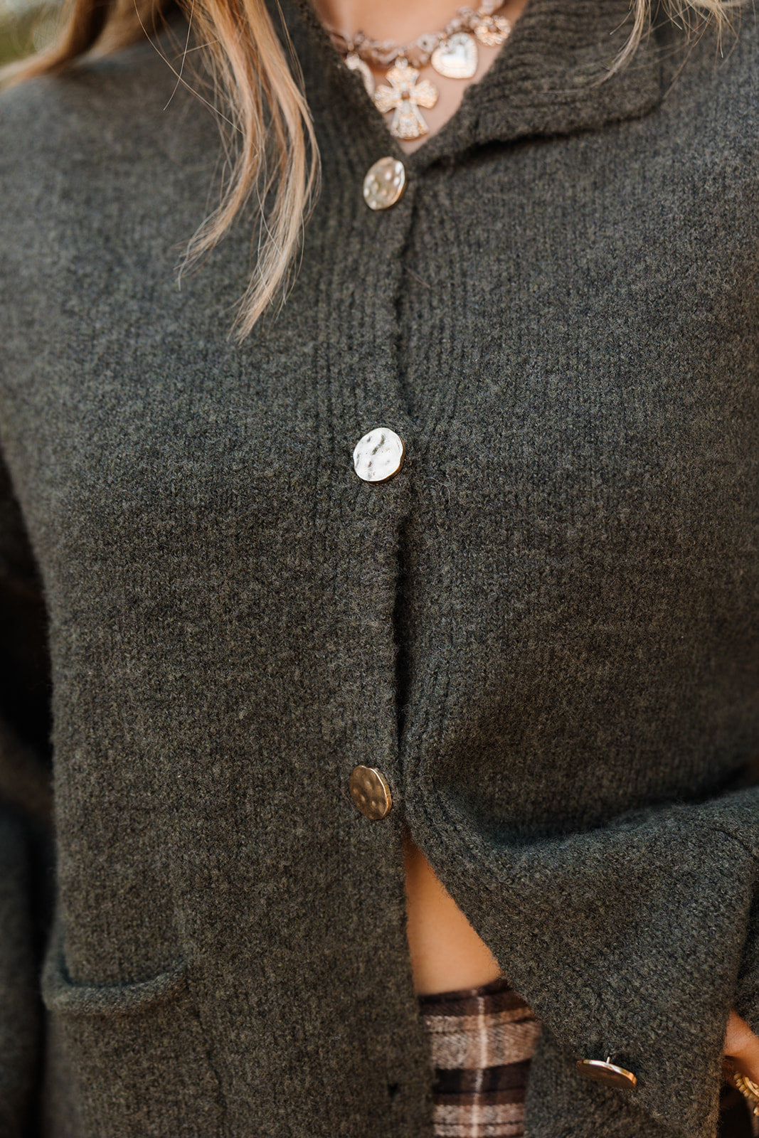 Tiffany Olive & Gold Button Cardigan - close up