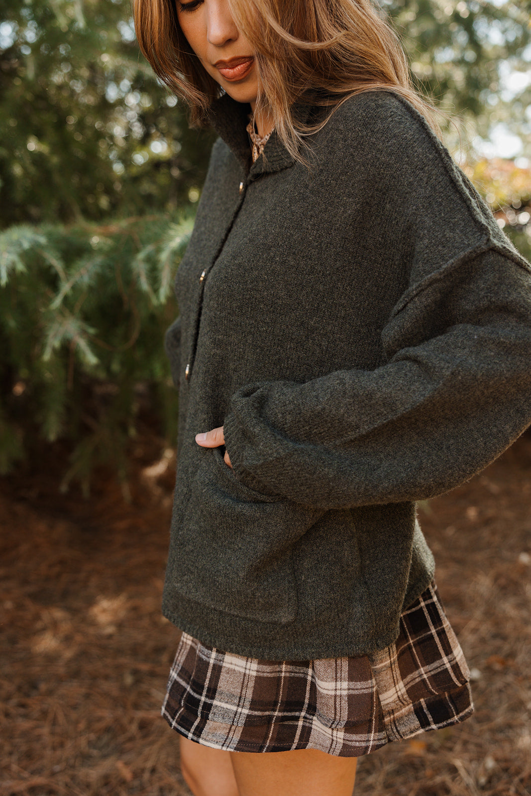 Tiffany Olive & Gold Button Cardigan - side view