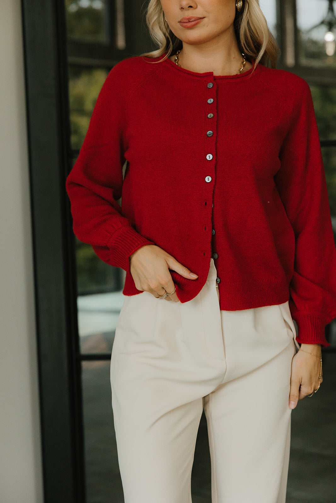 Clara Red Knit Button-Up Cardigan- frontal top view