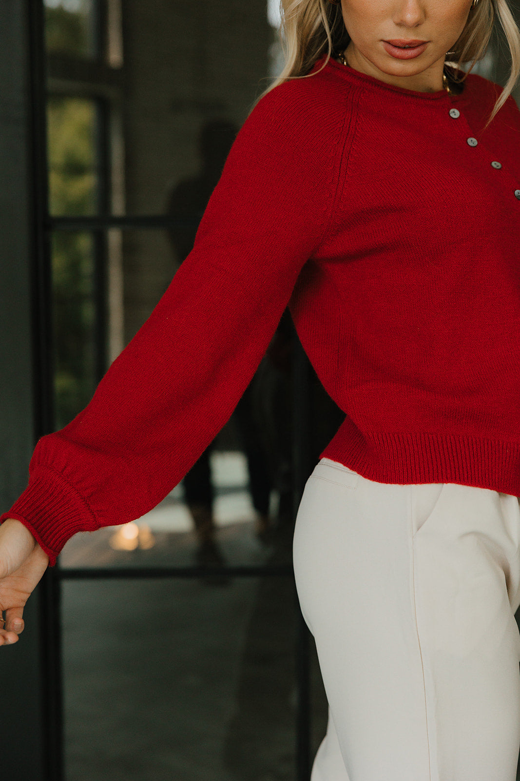 Clara Red Knit Button-Up Cardigan- close up side view