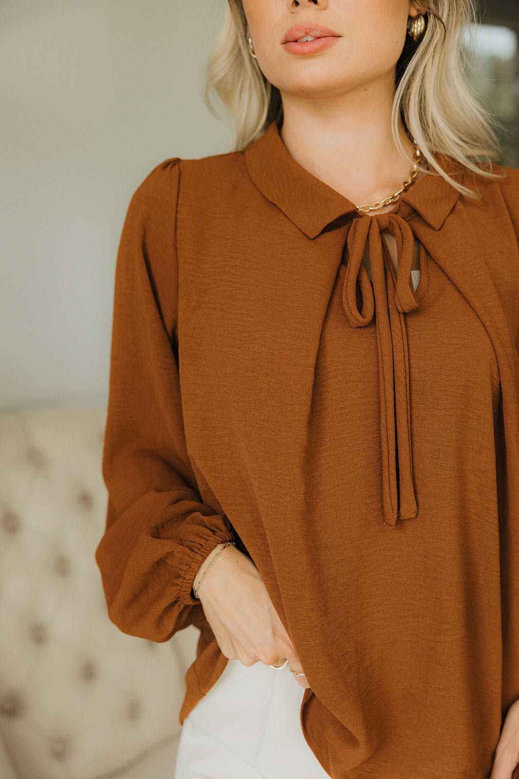 Everly Rust Brown Tie Top- close up side view