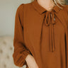 Everly Rust Brown Tie Top- close up side view
