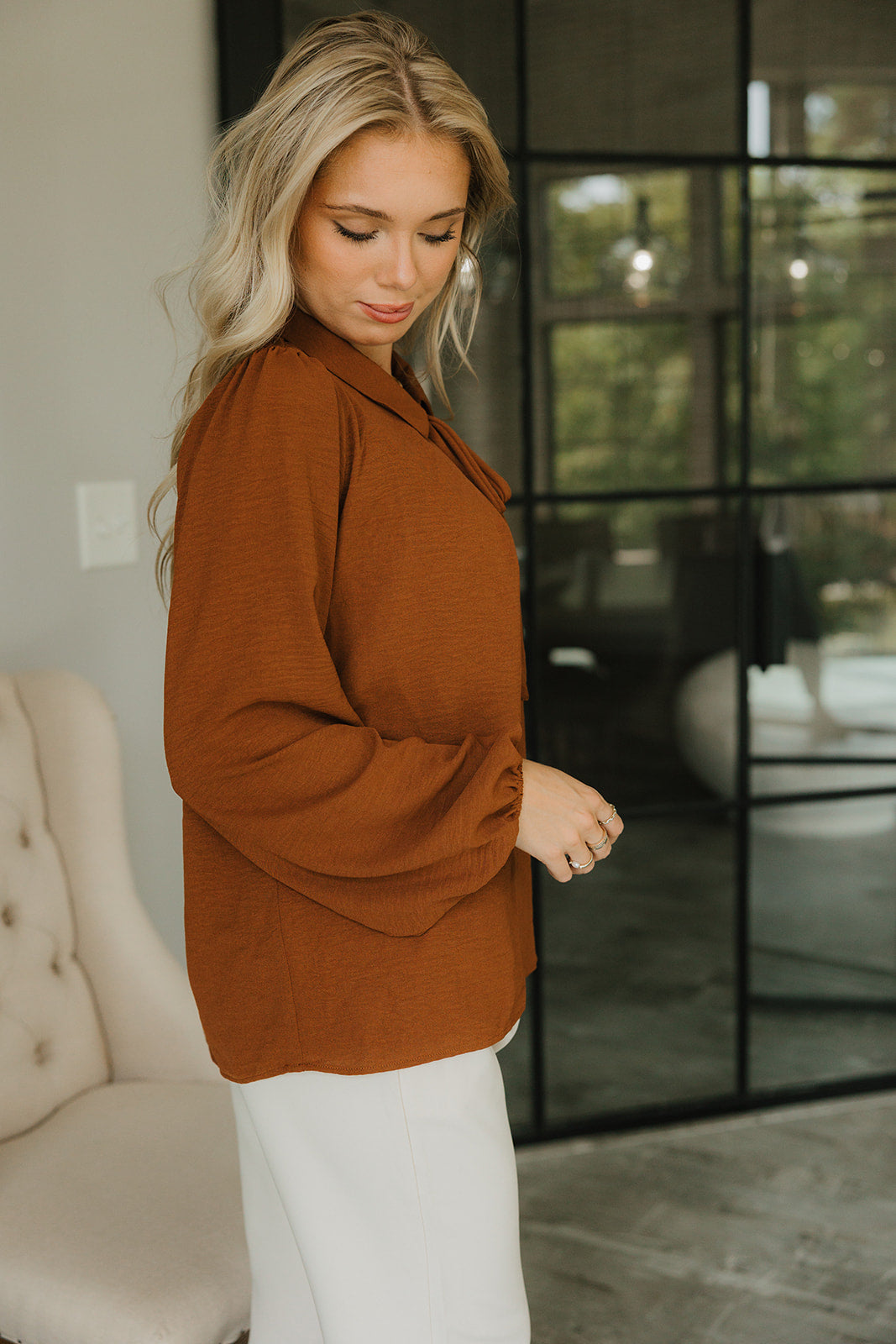 Everly Rust Brown Tie Top- full side view