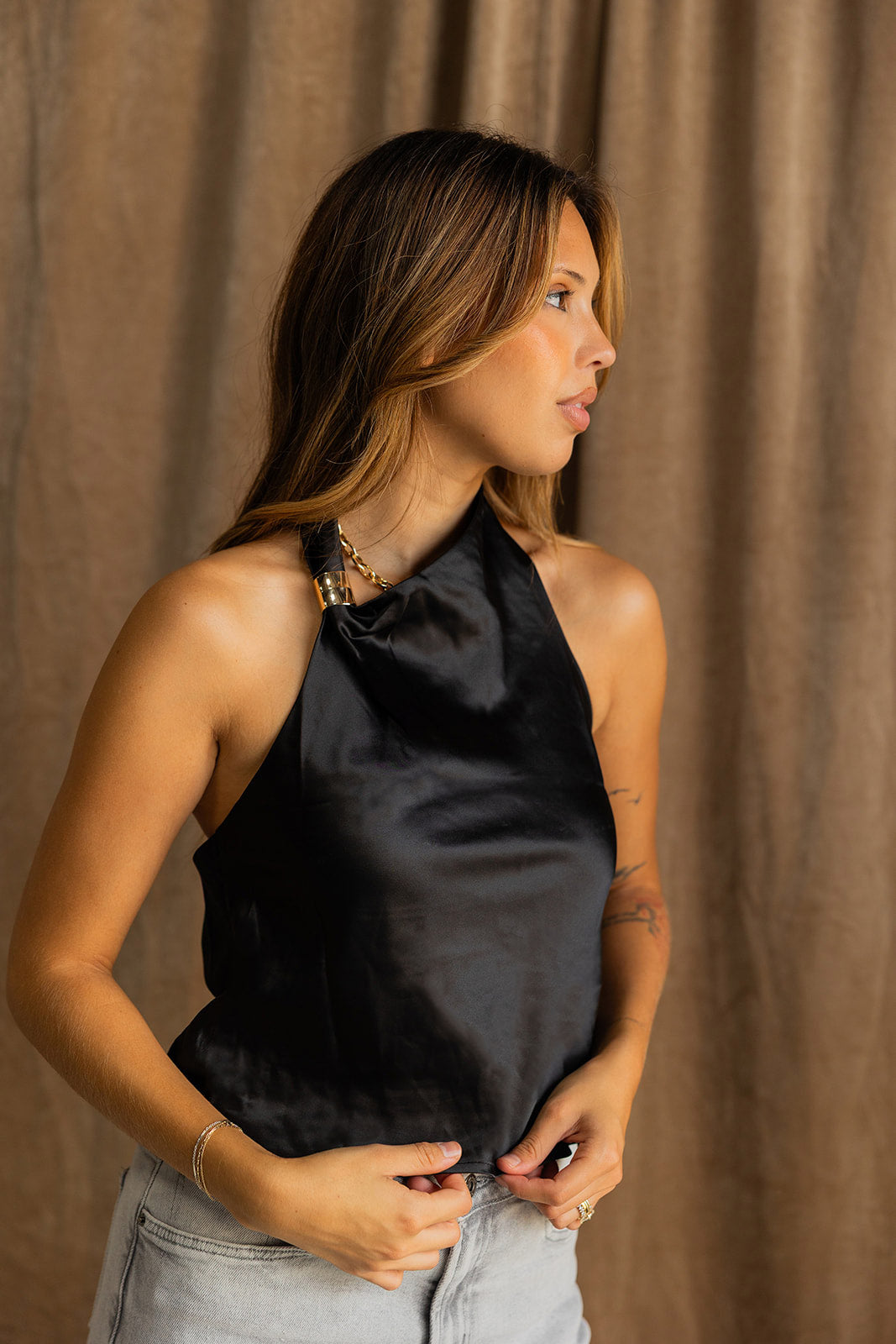 Juliana Black Satin Halter Tank