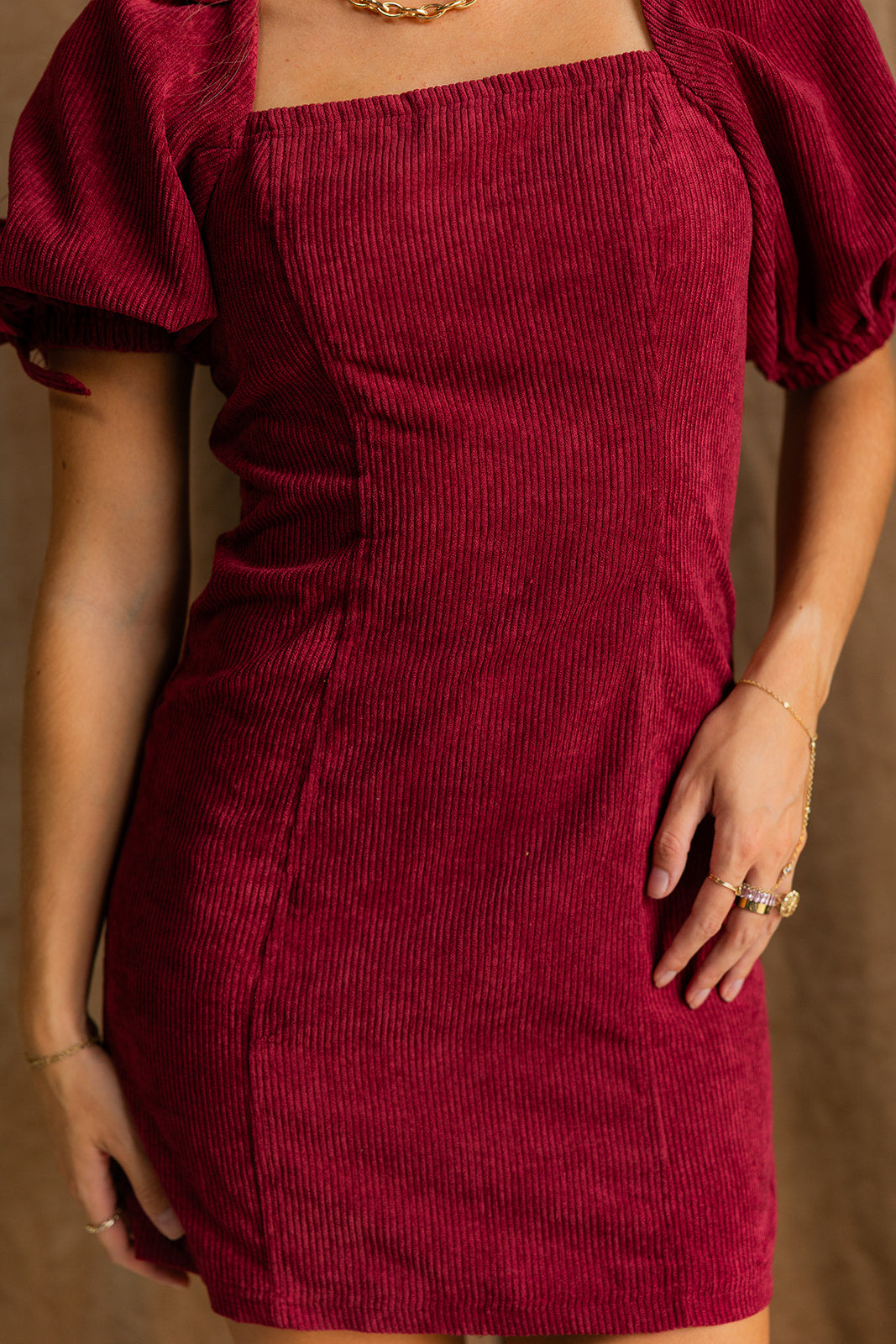 Stella Burgundy Corduroy Mini Dress- close up details view