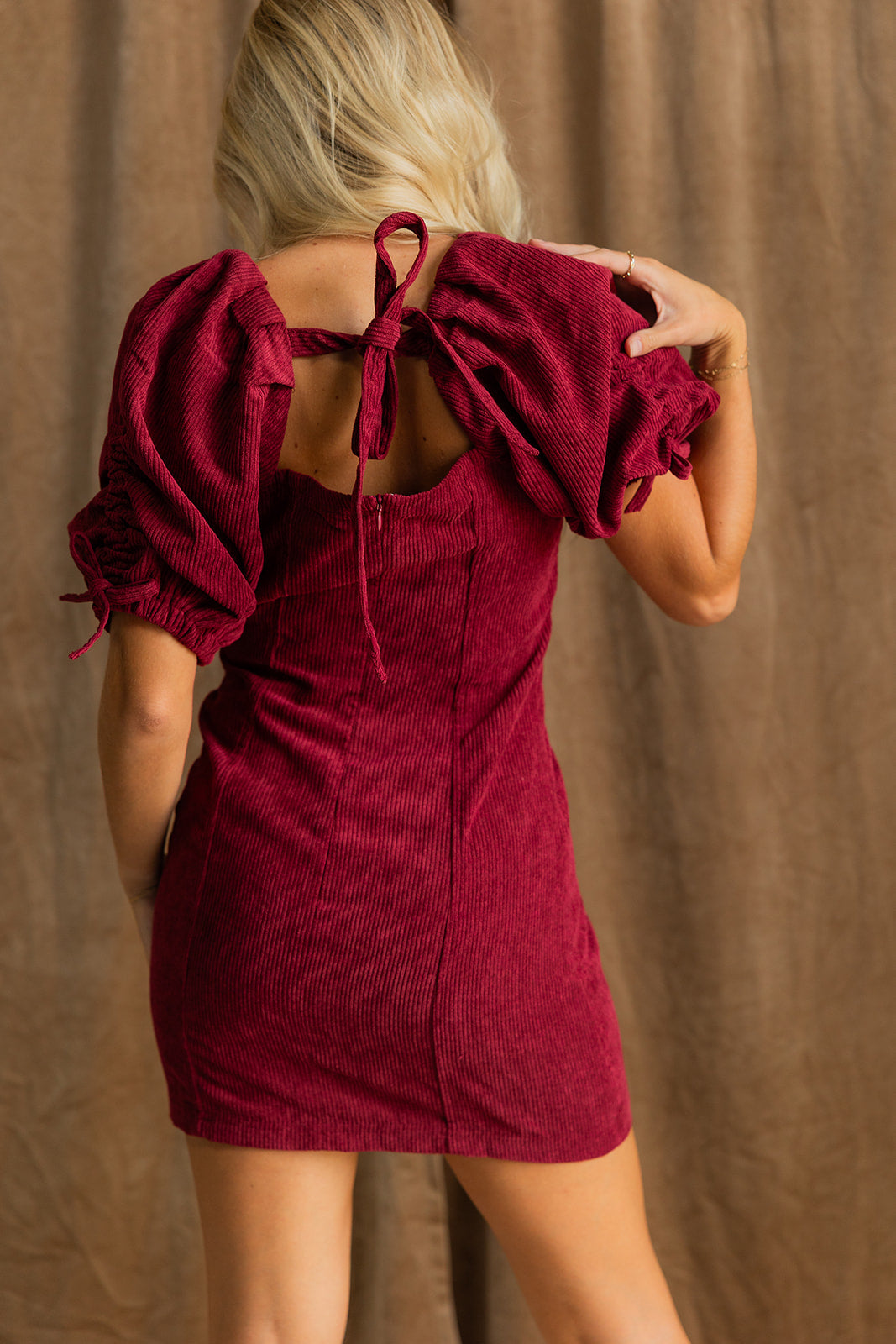 Stella Burgundy Corduroy Mini Dress- close up back view