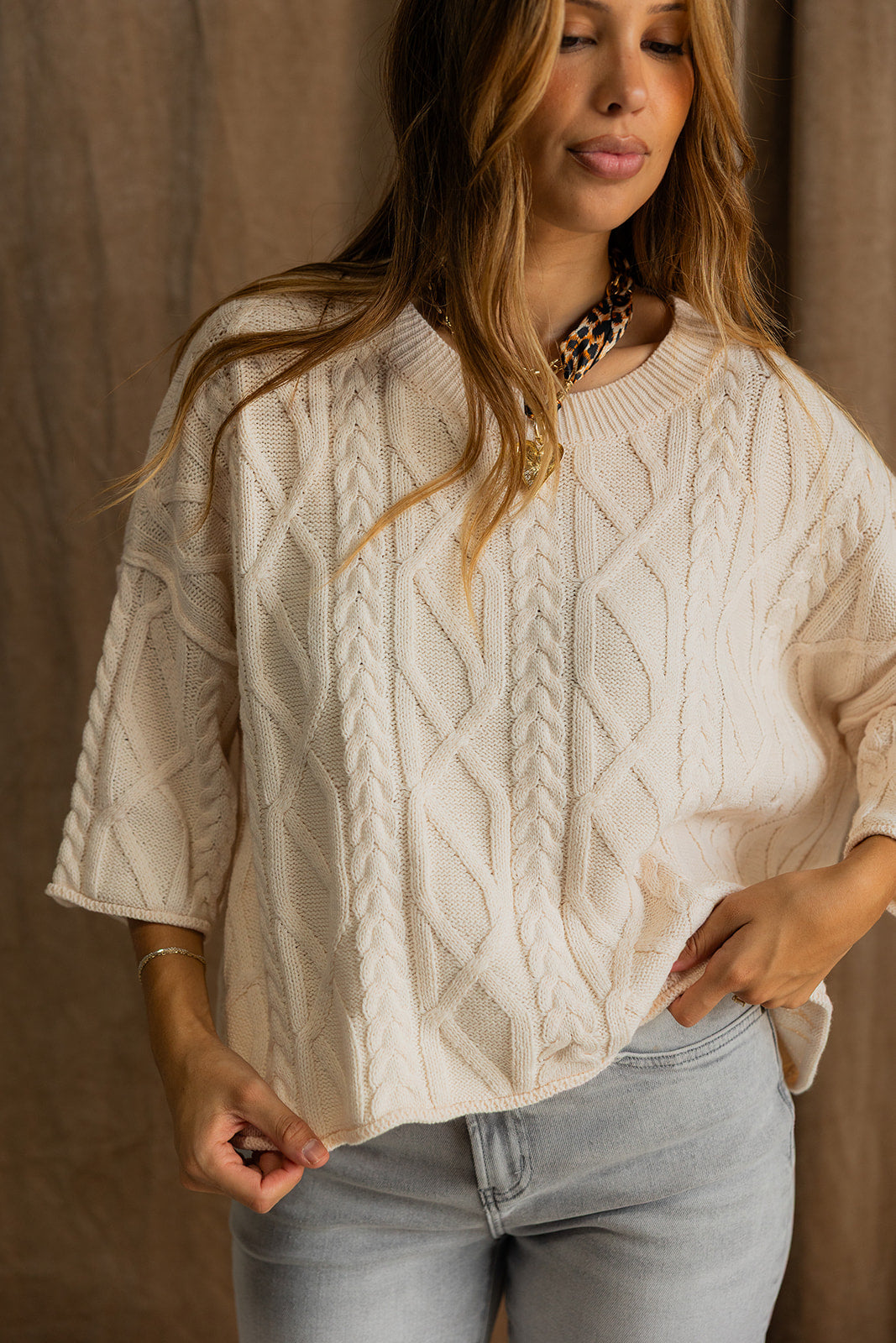 Grace Cream Short Sleeve Sweater- close up front view