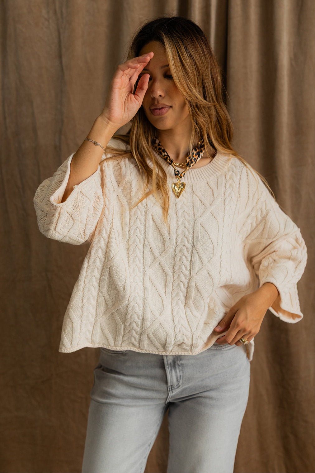 Grace Cream Short Sleeve Sweater- front top view