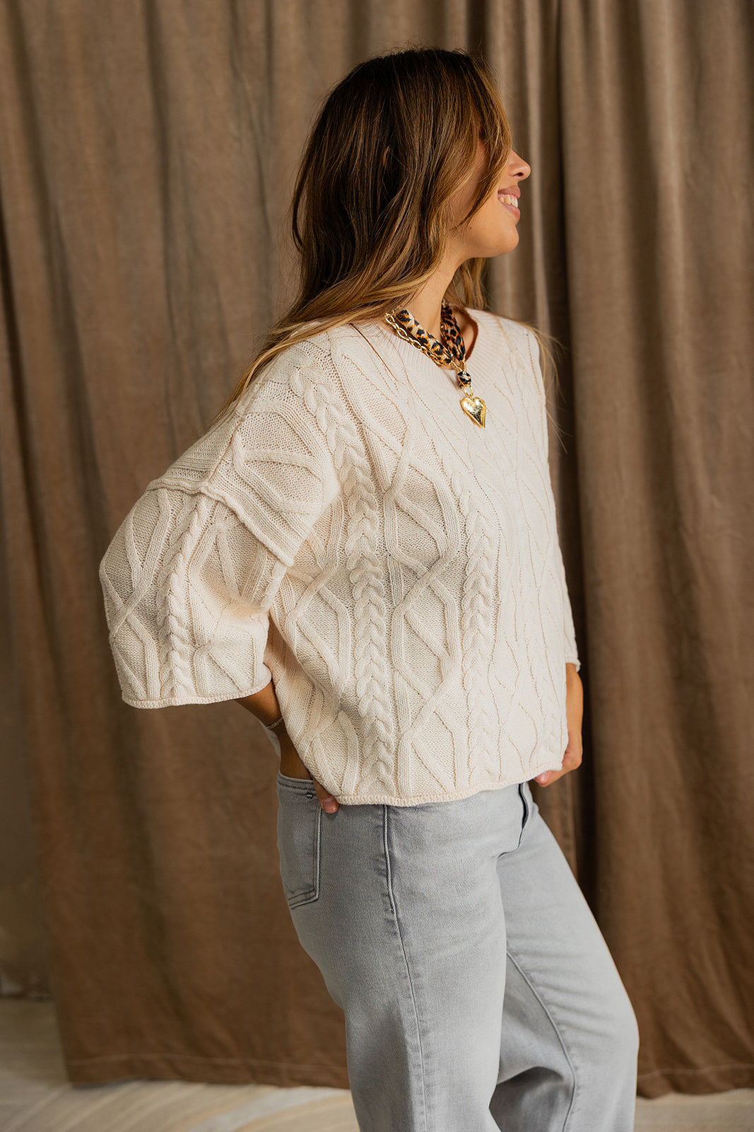 Grace Cream Short Sleeve Sweater- side view