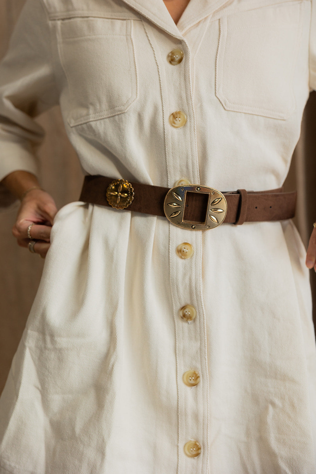 Palmer Brown & Gold Suede Western Belt- close up front view