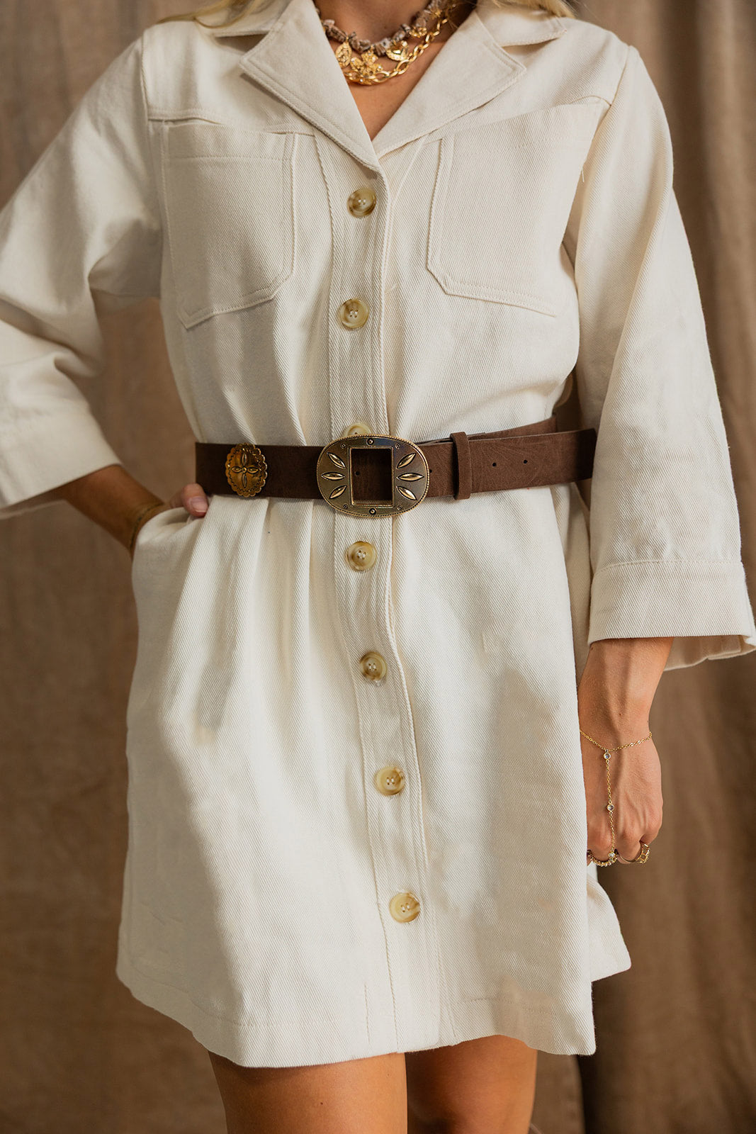 Madelyn Ecru Button-Up Mini Dress- front view