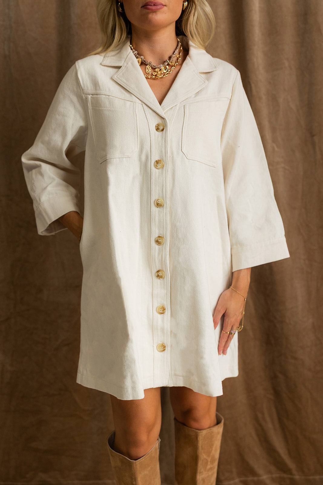 Madelyn Ecru Button-Up Mini Dress- front top view